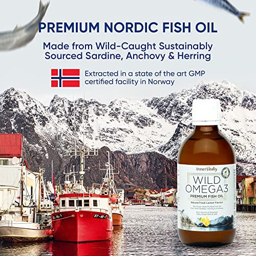 Omega 3 Fish Oil Liquid - Natural Fresh Lemon Flavour with NO Fishy Taste, High Strength DHA/EPA - Made from Wild Caught Nordic Fish Oil | 3rd Party Tested for Purity - Inner Vitality